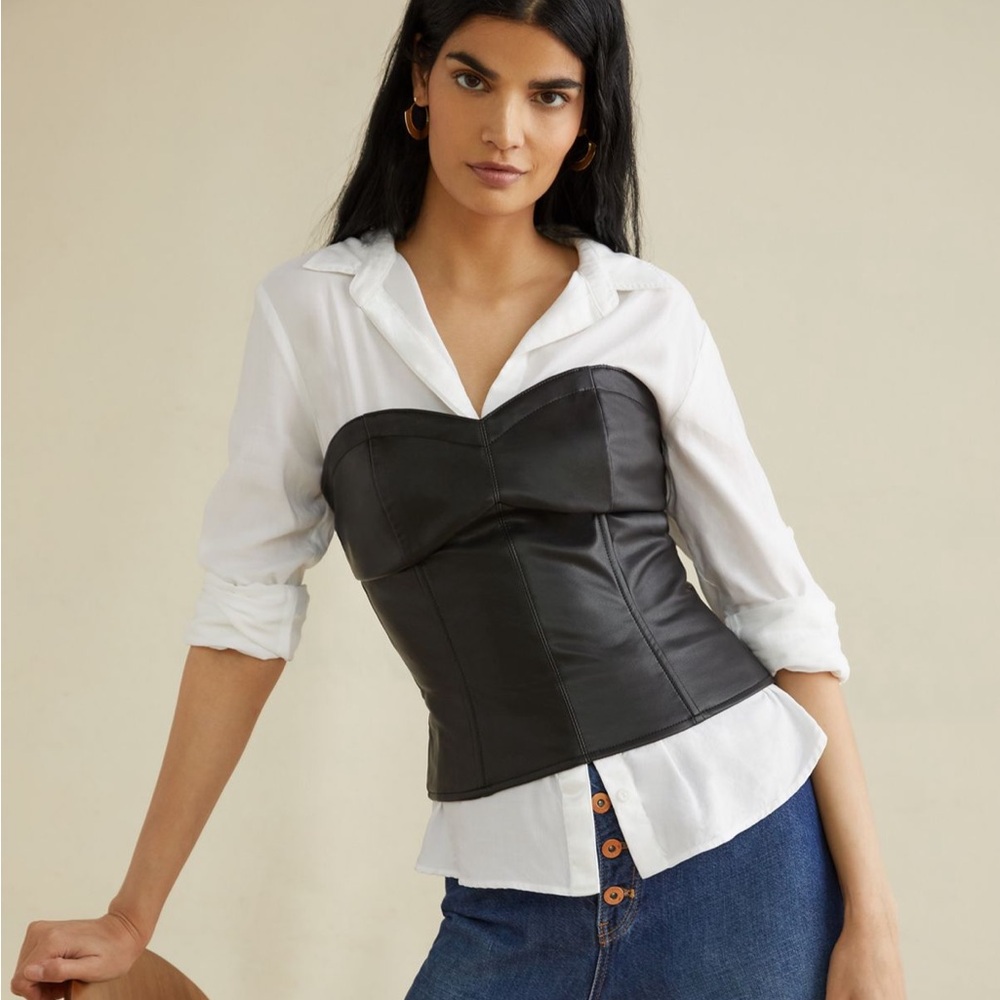 Anthropologie Black Faux Leather Bustier Top